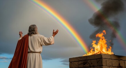 Noah offers a burnt offering of thanksgiving after the flood and covenant. Old Testament story and biblical history concept.