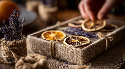 Hand placing dried orange slices on a jute box with lavender.