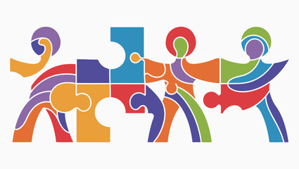 Abstract illustration of diverse people collaborating to solve a complex puzzle representing unity, teamwork, and problem-solving in a vibrant, colorful design