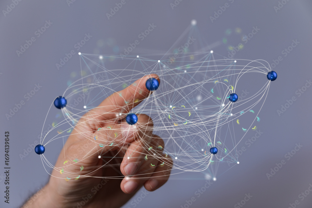 Poster abstract image of a hand interacting with a global network. perfect for technology, connection, and 