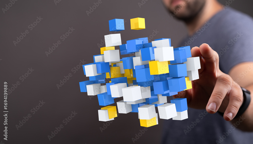 Aufkleber abstract image of a man interacting with a digital cube structure. represents data, technology, and 
