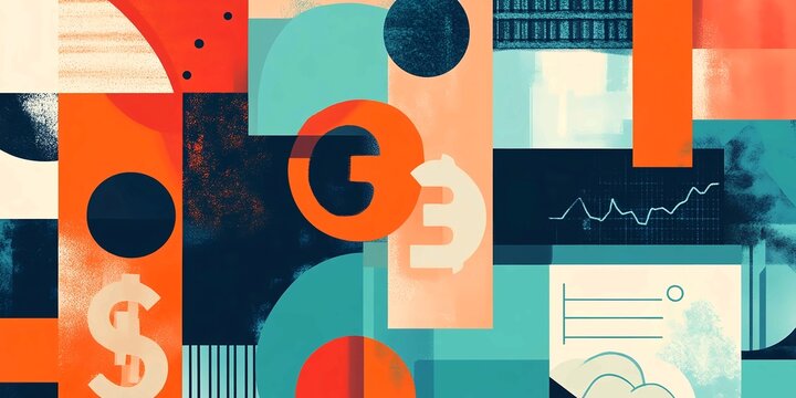 Abstract Financial Illustration with Symbols and Charts in Various Colors