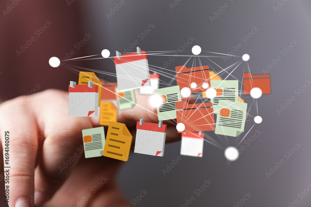 Poster person interacting with a network of digital files, documents, and calendar events. efficient workfl