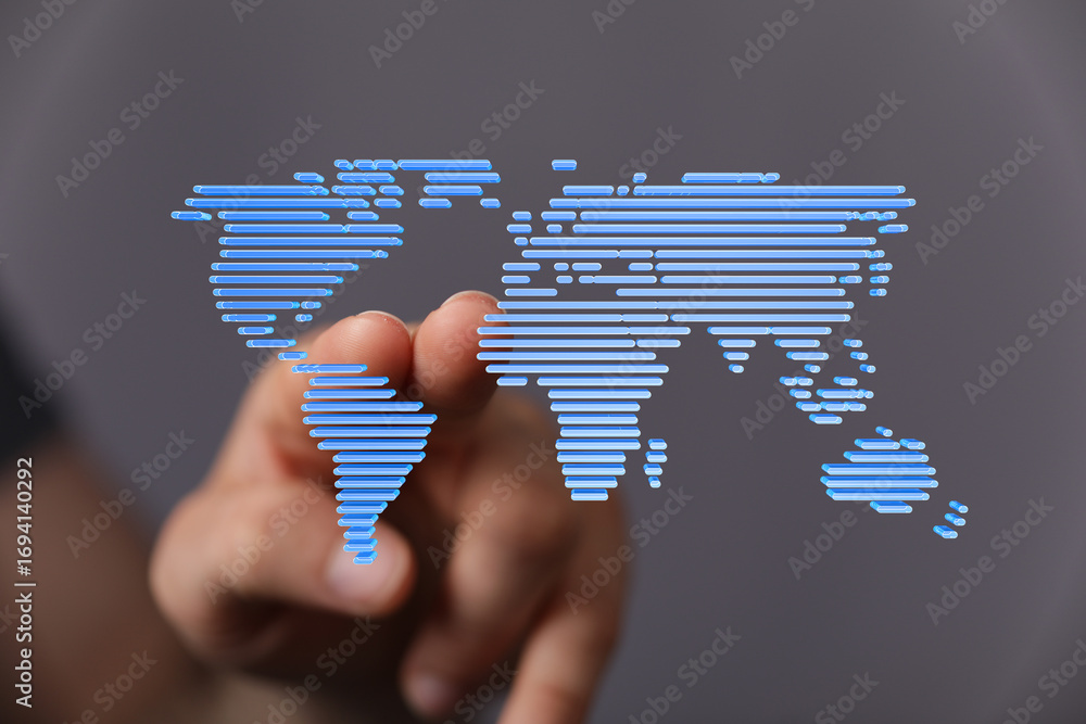 Poster hand pointing at a digital world map, symbolizing global connection and networking.