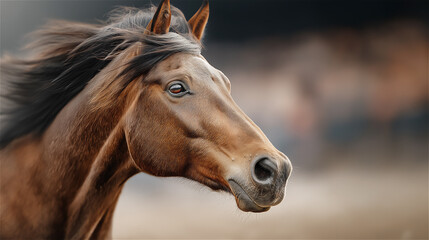 Beautiful brown horse head portrait in natural outdoor setting, showcasing equine beauty, grace and connection with nature in rural environment.