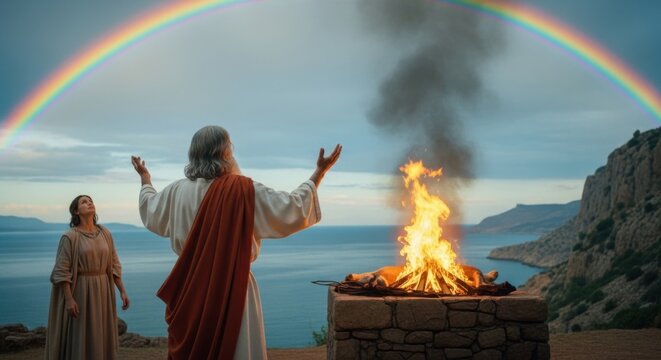 Man, an old prophet, offering burnt offering to God after great flood. Religious concept with rainbow in sky for salvation.