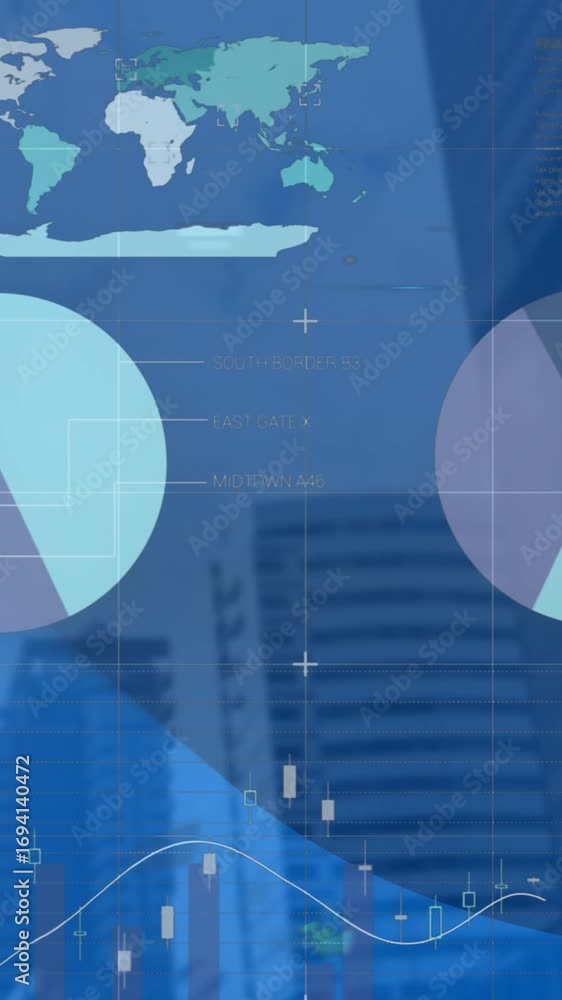 Poster animation of statistical data processing against view of tall buildings
