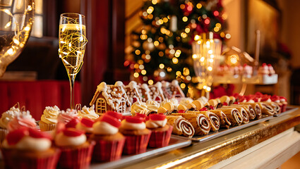Festive holiday dessert buffet featuring gingerbread houses cupcakes and champagne with a sparkling christmas tree in the background creating a celebratory atmosphere