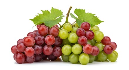 Obraz premium Vibrant bunches of ripe red and green grapes with fresh leaves, glistening with water droplets, perfect for healthy eating and culinary inspiration.