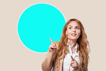  Confident young woman smiling and pointing with finger on isolated copy space. black friday...