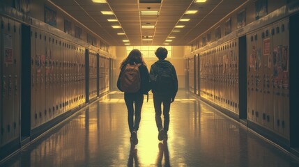 High school hallway, two students walking, sunlight, lockers