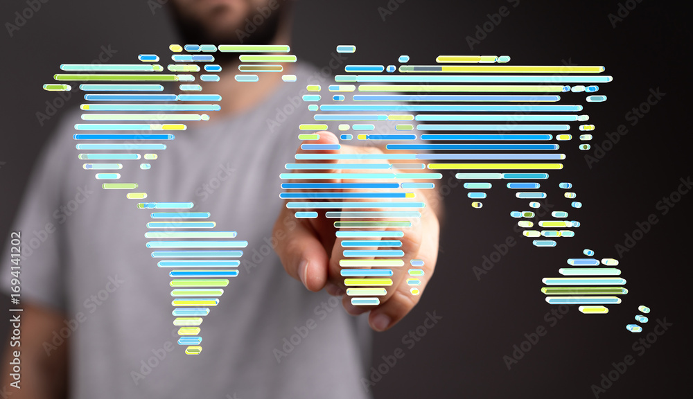 Poster person interacts with a digital world map, symbolizing global connectivity and networking.