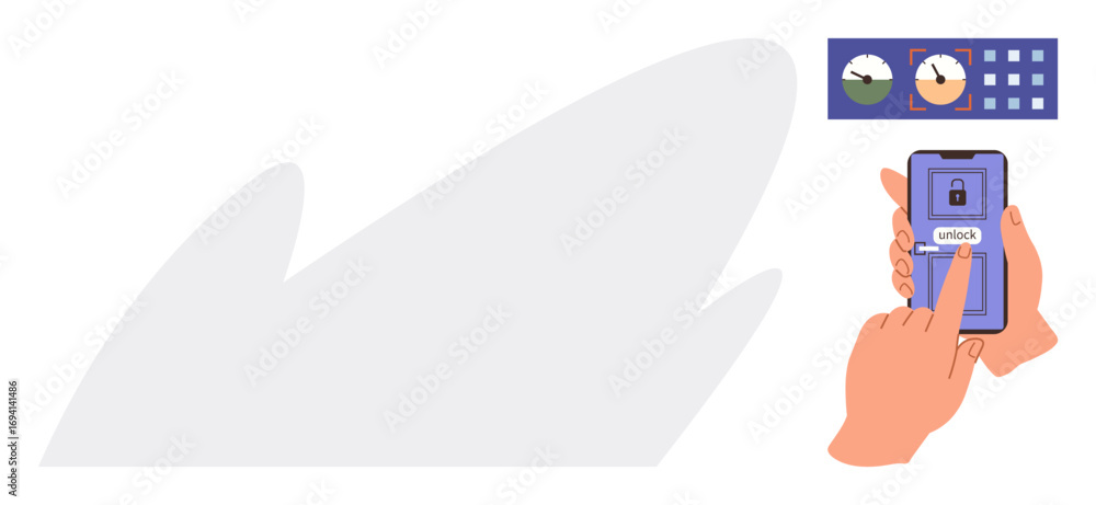 Poster hand unlocking smartphone using fingerprint recognition. includes security icon, biometric authentic