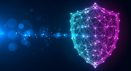 A glowing, futuristic digital shield made of interconnected lines and nodes, symbolizing cybersecurity and data protection against a dark, abstract background
