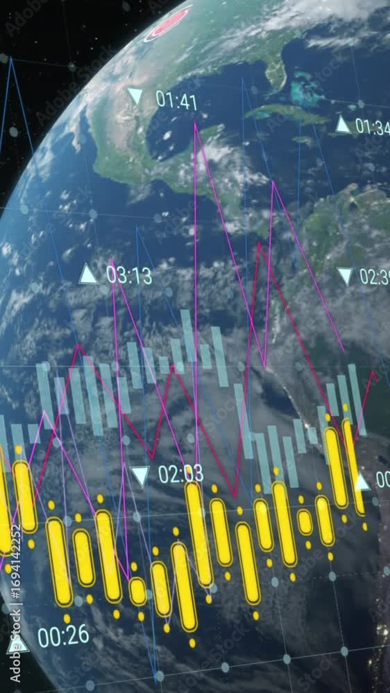 Poster animation of data processing over grid network against globe on black background
