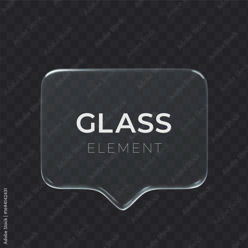 Poster glass speech bubble 3d icon on dark transparent background. message cloud vector object