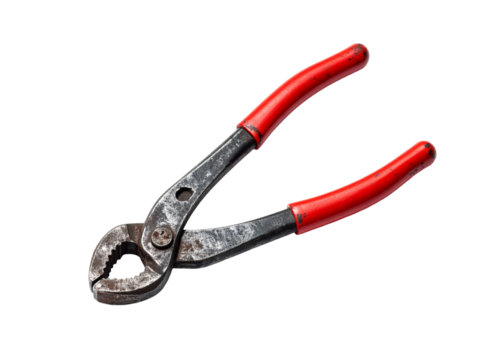 Old adjustable pliers red handles, worn metal, isolated on white background, useful for plumbing, gripping, and general repairs.