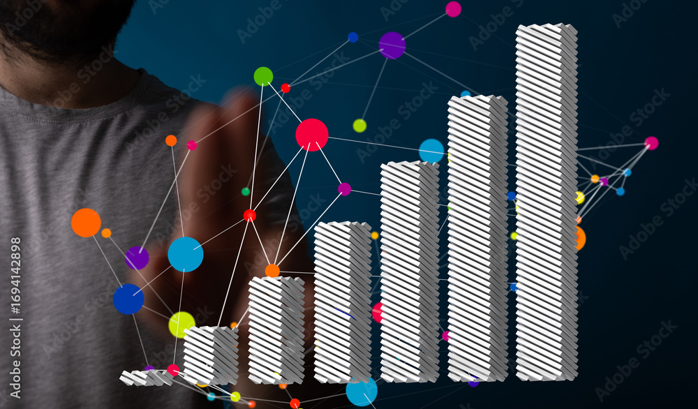 Poster visualizing business growth with interconnected data points. modern technology, network, and progres