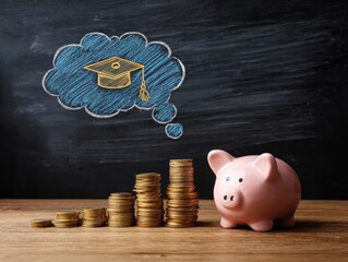 Student loan and tuition. Saving money for education. Stack of coins and piggy bank. Academic cap icon and thought balloon drawn on blackboard.