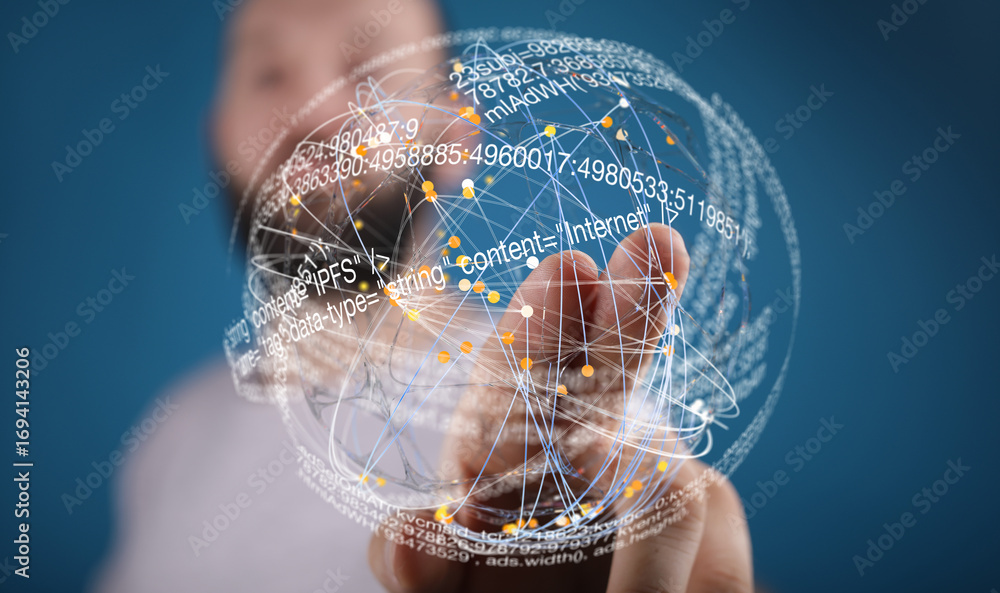 Aufkleber abstract image of a person interacting with a digital sphere showing data and code. represents techn