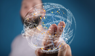 Abstract image of a person interacting with a digital sphere showing data and code.  Represents technology, connectivity, and the internet.