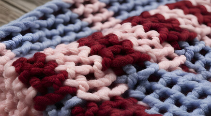 Cozy Crochet Textures: A vibrant close-up of handmade crochet with diverse colors that provide a sensory experience. Showcasing the beauty of handmade with detailed patterns.