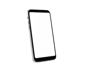 Modern unbranded smartphone with blank white screen, black bezel, silver frame, upright on transparent background, soft studio light, negative space, concept of digital innovation