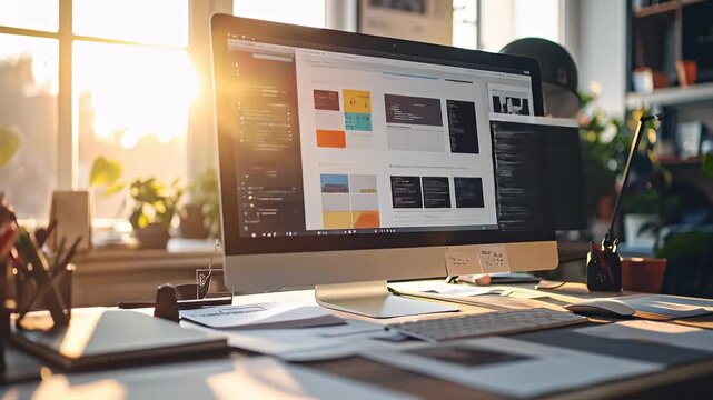 A bright, sunlit desktop setup featuring a computer displaying design mockups and sketches
