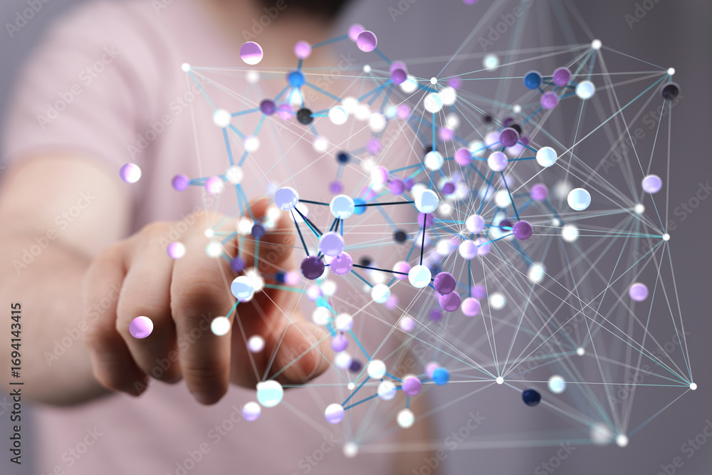 Poster abstract image of a person interacting with a complex network. perfect for technology, connection, a