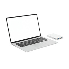 Modern laptop computer open beside a compact portable power bank for mobile device charging and connectivity transparent background