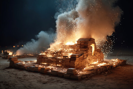 Bonfire of burning books representing hatred and ignorance with people gathered around