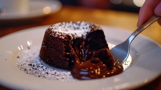 Chocolate lava cake on plate, fork breaks into it and molten chocolate flowing out