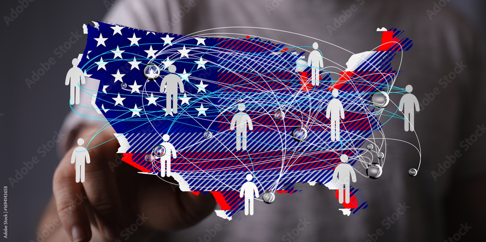 Poster illustrative image of a us map showing interconnected people, representing a network.