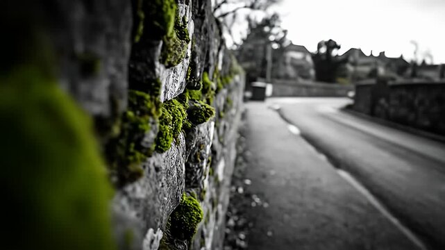 Mossy stone wall, vivid green against grayscale town road with a car in the distance
