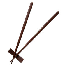 Polished dark brown wooden chopsticks with visible grain, tips pointing bottom-left, isolated on a pristine transparent background with ample negative space. Modern dining concept