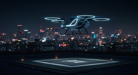 Advanced passenger drone preparing for takeoff from a city rooftop, showcasing the future of urban air mobility and transport technology