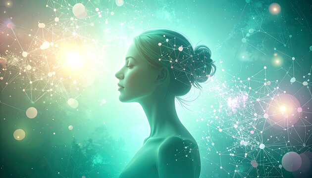A serene woman profile, with abstract digital network imagery, enveloped in a soft, ethereal glow