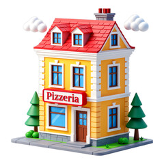 Yellow Pizzeria Building with Red Roof, 3D Realism Design Element on Transparent Background