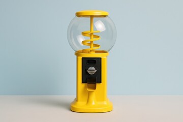 Nostalgic yellow capsule vending machine evokes childhood memories, offering simple joy and a bright, retro aesthetic on a clean, minimalist background