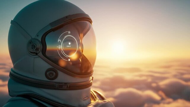 Astronaut helmet futuristic technology and digital interface reflecting sunrise sky, clouds, and exploration adventure advanced space helmet with innovation, science fiction, and hope captured close