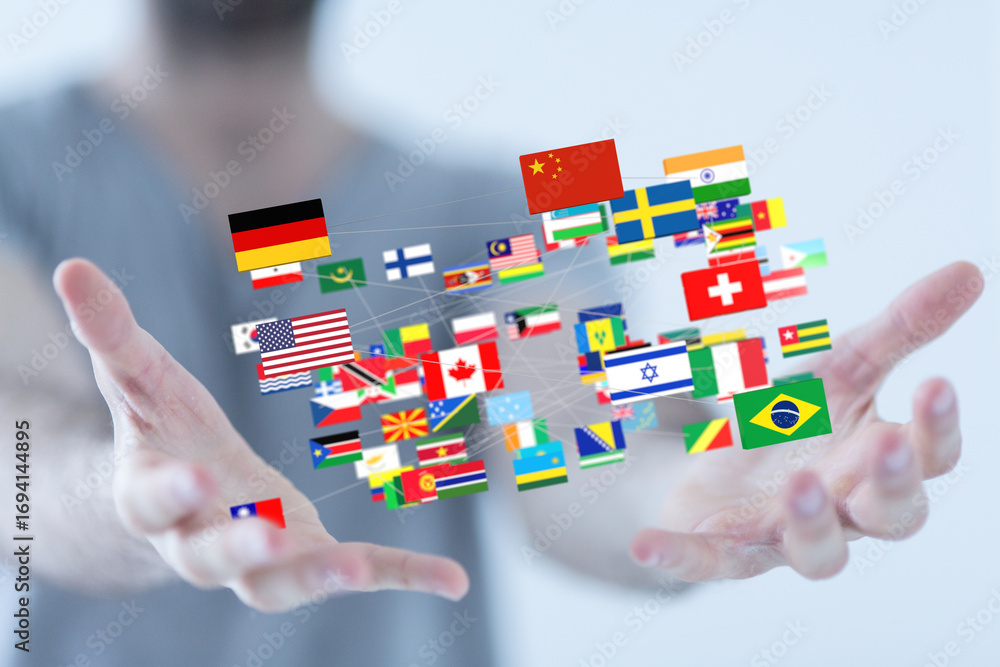 Poster image of hands holding a network of flags representing global connections and international relation