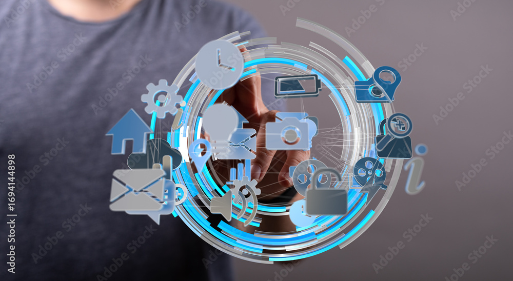 Aufkleber abstract image of person interacting with digital icons representing technology, communication and d