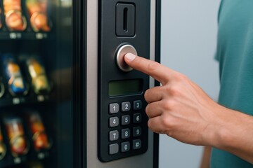 Reaching for afternoon indulgence, Person presses the illuminated button on the vending machine seeking a sugary treat or savory snack to satisfy their craving