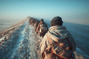 Naklejka premium Warriors traverse a snowy landscape during the Nogai Kalmyk War in winter