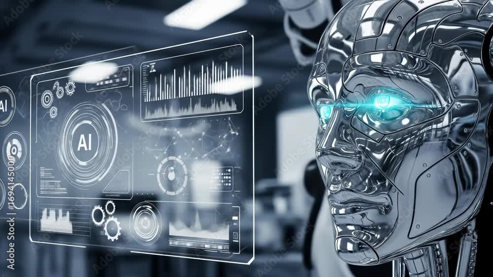 Poster futuristic robot with metallic face and glowing blue eyes interacts with transparent digital interfa