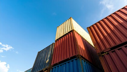 Fototapeta premium Red freight containers are stacked at a busy industrial port with a large shipping vessel in the harbor