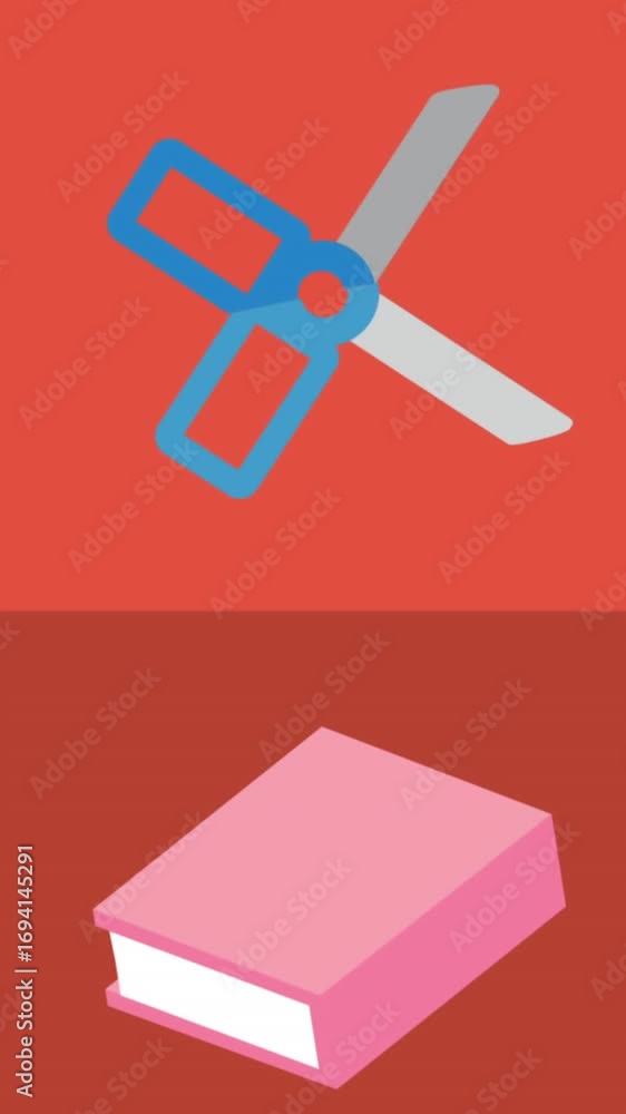 Poster animation of scissors and books on red squares background