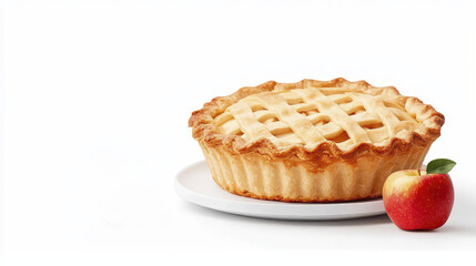 Delicious apple pie on white plate with fresh red apple beside it, showcasing golden crust and lattice design