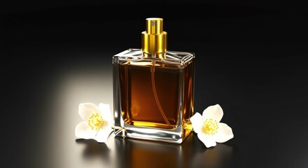 Amber Perfume in Glass Bottle with Jasmine Flowers fragrance beauty cosmetic product photography still life dark background elegant