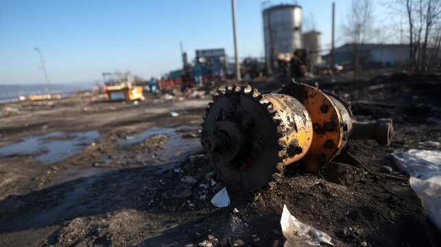 Industrial decay showcasing a forgotten cogwheel in a desolate industrial landscape with a hazy sky - Powered by Adobe